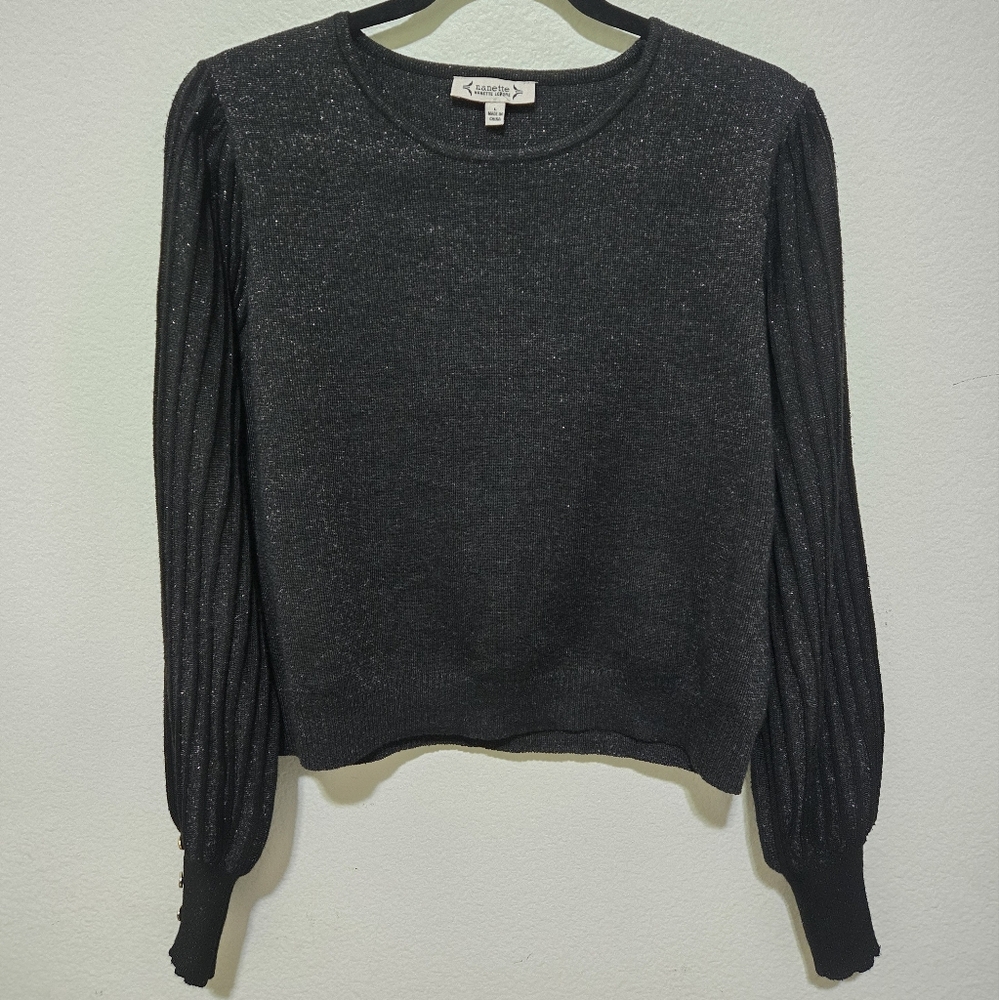 Nanette Lepore Black and Silver Sparkle Knit Sweater Ribbed Sleeves Size Large - Picture 5 of 14
